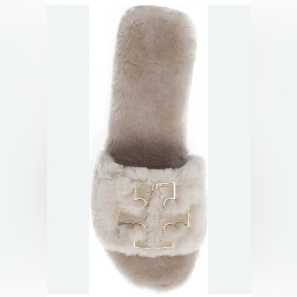 Tory Burch Double T Shearling Slide Sandal Gray Heron/Gold - Picture 2 of 7